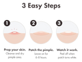Three-step guide for using a pimple patch with icons and text.