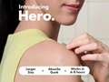 Person applying a patch on their shoulder with text highlighting features of 'Hero' product.