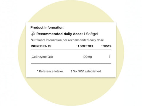 Supplement facts and ingredients for CoEnzyme Q10 softgels.
