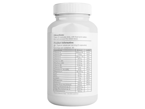 Supplement facts panel for mineral and vitamin complex.