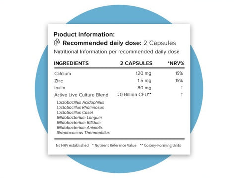 Supplement facts panel showing probiotic strains and CFU count.