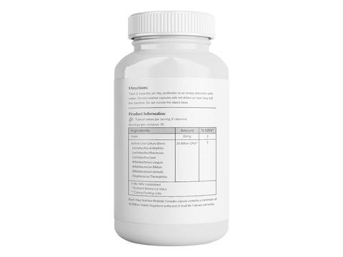 Supplement facts panel showing probiotic strains and CFU count.