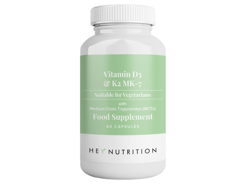 Hey Nutrition Vitamin D3 & K2 MK-7 bottle, 60 vegetarian capsules.