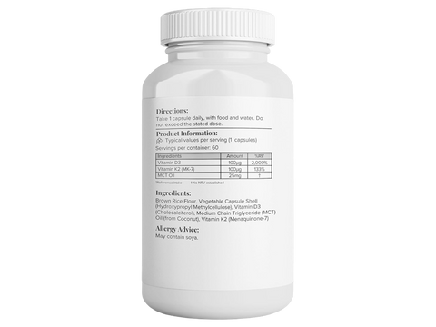 Supplement facts panel for D3, K2, and MCT oil complex.