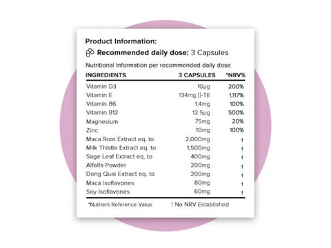 Supplement facts panel for women's herbal and vitamin complex.