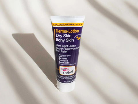 Tube of Derma-Lotion for dry skin and itchy skin on a light background