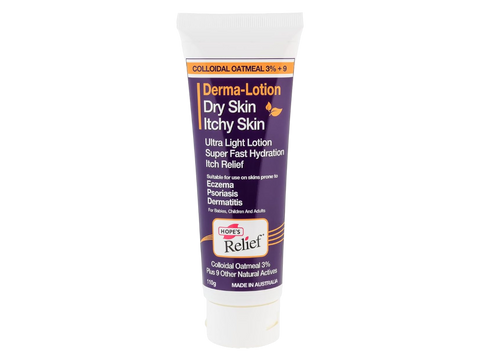 Tube of Derma-Lotion for dry skin and itchy skin on a white background