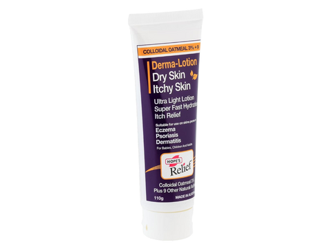  side view Tube of Derma-Lotion for dry skin and itchy skin on a white background