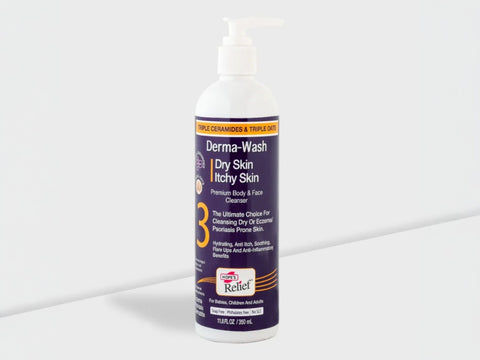 Bottle of Derma-Wash Dry Skin Itchy Skin cleanser on a white background