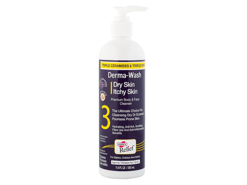 Bottle of Derma-Wash Dry Skin Itchy Skin cleanser on a white background