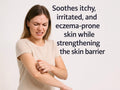 Woman with itching arm and text about skin care product benefits on a white background