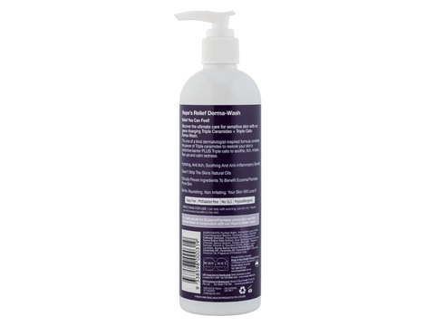 Bottle of derma-wash with pump and label on a white background