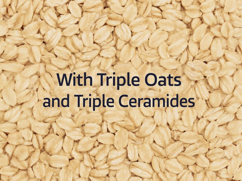 Close-up of oats with text 'With Triple Oats and Triple Ceramides' on a beige background