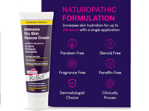 Tube of Intensive Dry Skin Rescue Cream with Naturopathic Formulation details on a purple background