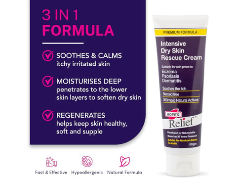 Hopes Relief Intensive Dry Skin Rescue Cream with product details on a purple background
