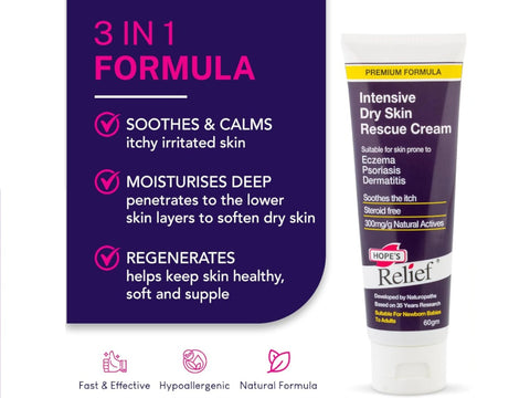 Hopes Relief Intensive Dry Skin Rescue Cream with product details on a purple background