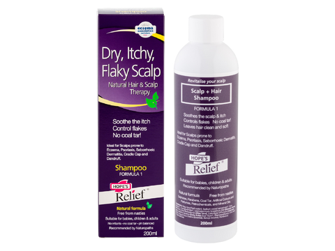 Hopes Relief shampoo box & bottle for dry, itchy, flaky scalp on a white background
