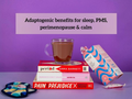 Tea cup, books, and a box on a purple background with text about adaptogenic benefits.