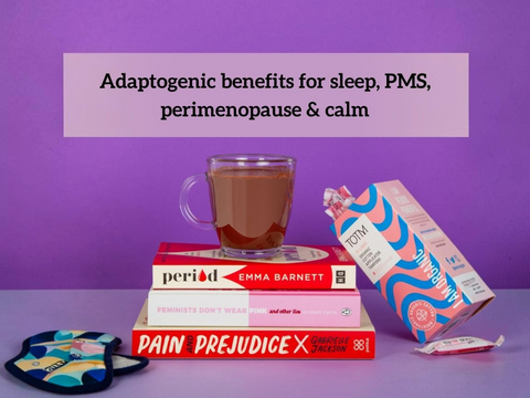 Tea cup, books, and a box on a purple background with text about adaptogenic benefits.