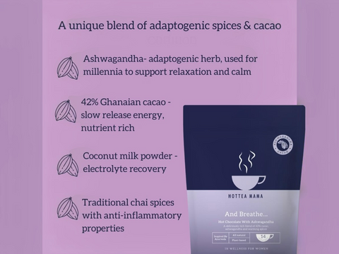Product packaging with ingredients listed on a purple background