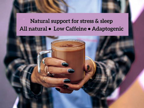 Person holding a mug of hot chocolate with text about natural support for stress and sleep.