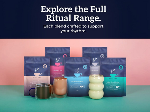 Assorted coffee products with packaging on a teal and pink gradient background, featuring text about the full ritual range.