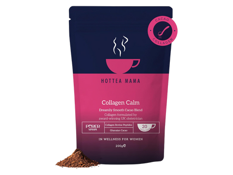 Hottea Mama Collagen Calm product packaging with a small amount of powder on a white background
