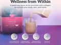 Noktea Nava Collagen Calm cacao drink with packaging and pouring action on a purple background.