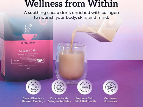 Noktea Nava Collagen Calm cacao drink with packaging and pouring action on a purple background.