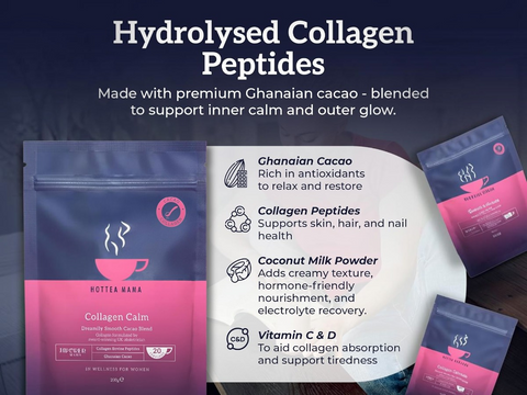 Collagen powder packages with a label detailing ingredients and benefits on a dark background