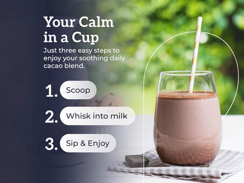 Glass of cacao blend with a straw on a table, surrounded by text on a blurred natural background.