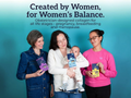 Three women holding packages with text about obstetrician-designed collagen for women's health on a teal background.