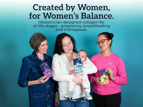 Three women holding packages with text about obstetrician-designed collagen for women's health on a teal background.