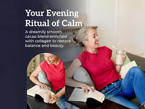 Two women in red shirts sitting on a couch with books and a cacao drink, promoting a 'Your Evening Ritual of Calm' product.
