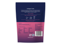 Back view of a purple and pink package with text and branding on a white background