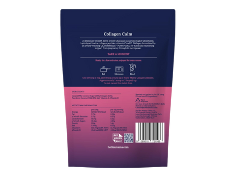 Back view of a purple and pink package with text and branding on a white background