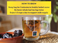 Tea bag steeping in a glass mug with text on how to brew tea.