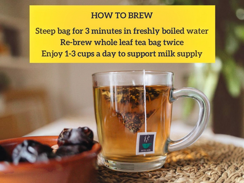 Tea bag steeping in a glass mug with text on how to brew tea.