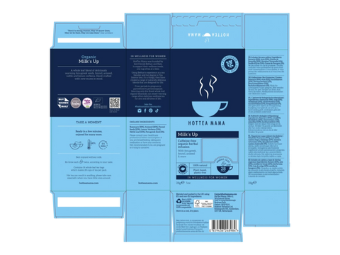 Blue packaging of Hottea Mama product with text and graphics on a white background