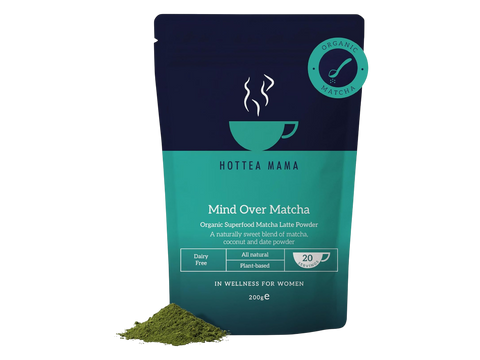 Hottea Mama Mind Over Matcha packaging with green powder on a white background