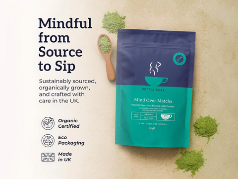 Tea package with green tea powder and text about sustainable sourcing on a beige background