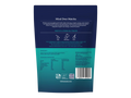 Back view of a blue and green package with text and branding on a white background