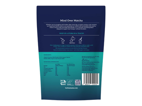 Back view of a blue and green package with text and branding on a white background