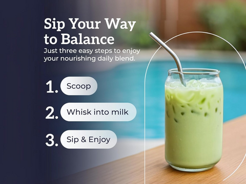Green smoothie in a glass with a straw, surrounded by text on how to enjoy a nourishing daily blend.