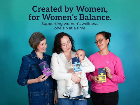 Three women holding products with a teal background and text about women's wellness.