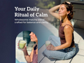 Woman enjoying a matcha drink with text about a 'Daily Ritual of Calm' matcha blend.
