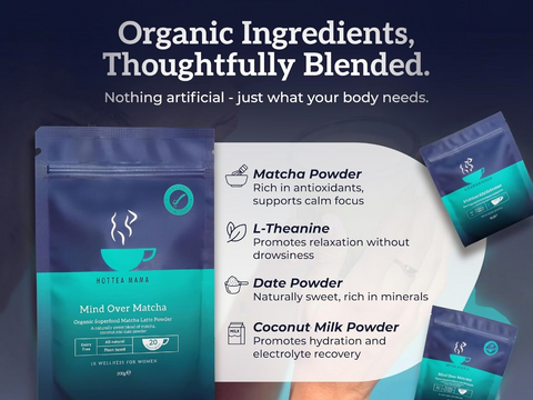 Packages of 'Mind Over Matcha' with ingredients listed on a card against a dark background