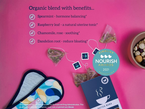 Tea bags with health benefits on a pink background, featuring the Nourish Awards 2021 badge.