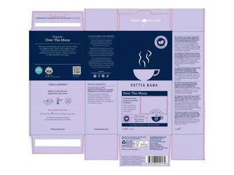 Tea package with branding and product details on a white background