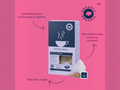 Tea package with branding and product details on a pink background